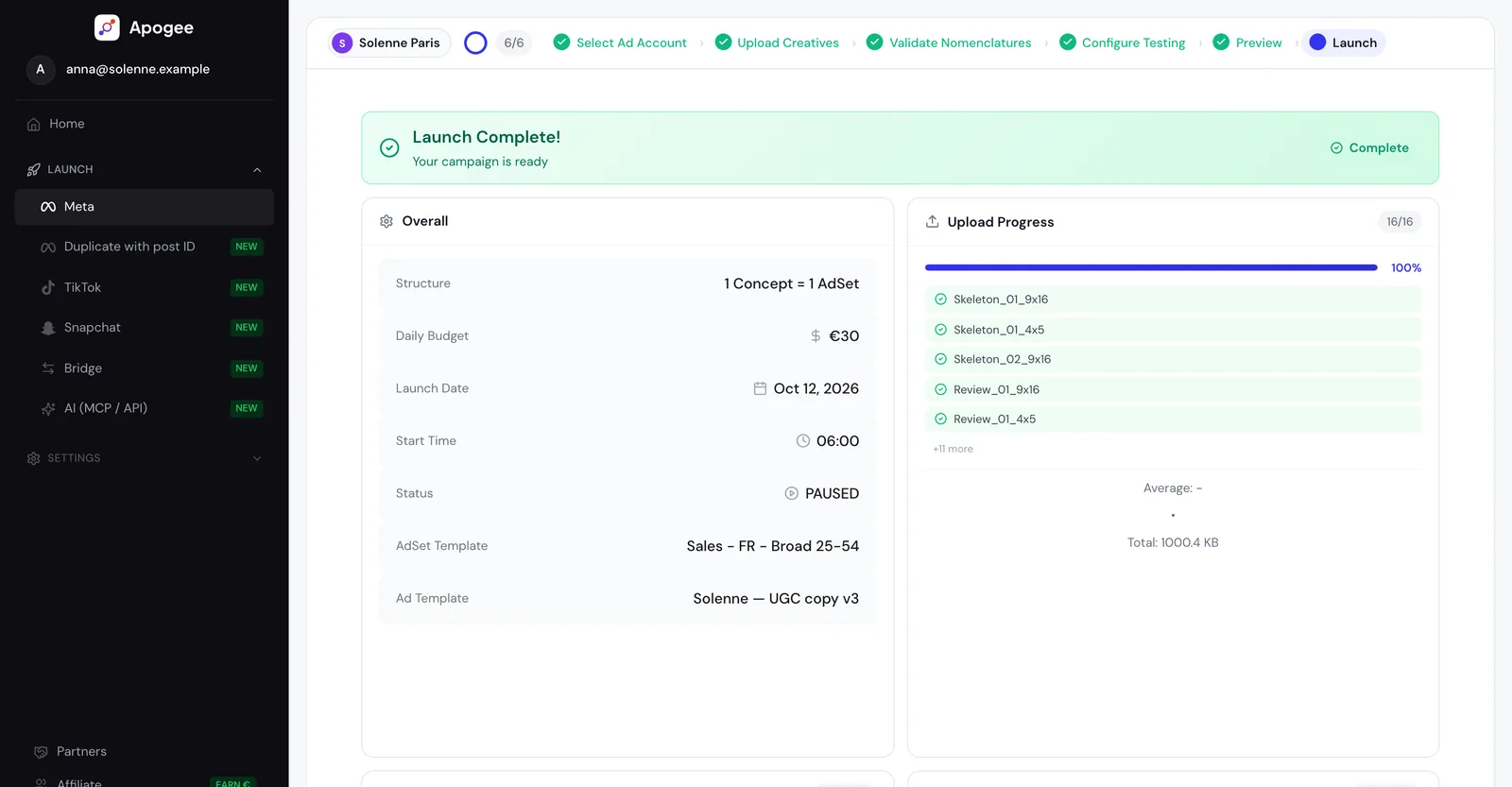 Apogee bulk launch finished: launch complete, with structure, budget and paused status recalled and every file uploaded