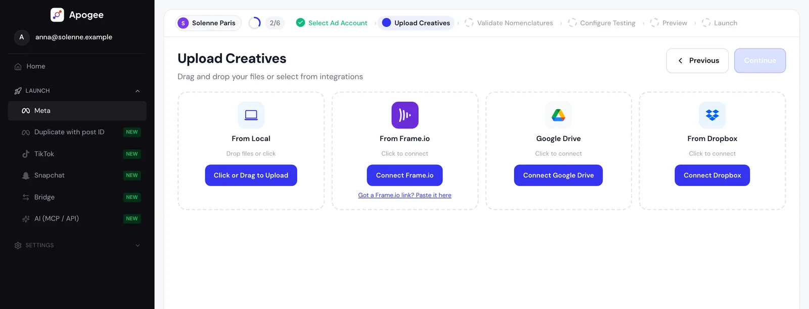 Apogee launch menu offering Meta Ads, TikTok Ads and Snapchat Ads: one bulk upload workflow for all three platforms